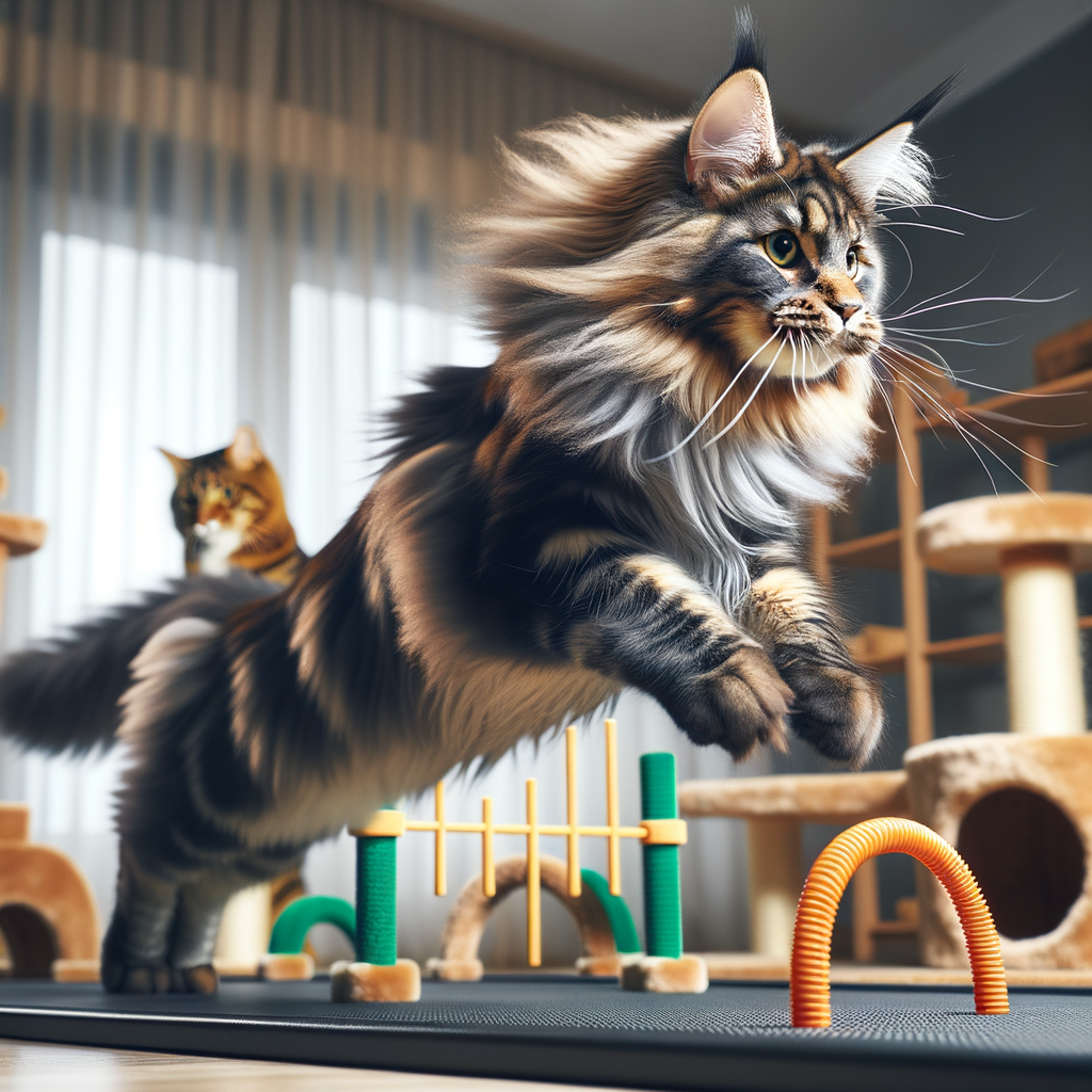Healthy Maine Coon cat demonstrating high activity levels during regular exercise routine, highlighting the benefits of physical activity for Maine Coon health and fitness.