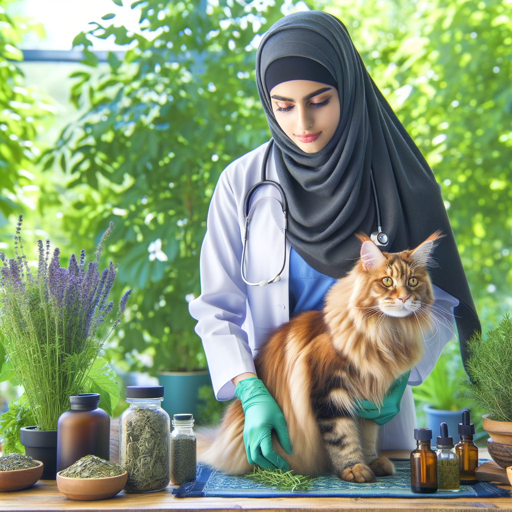 Veterinarian providing holistic pet care to a Maine Coon cat, showcasing the benefits of natural cat care and emphasizing Maine Coon health.