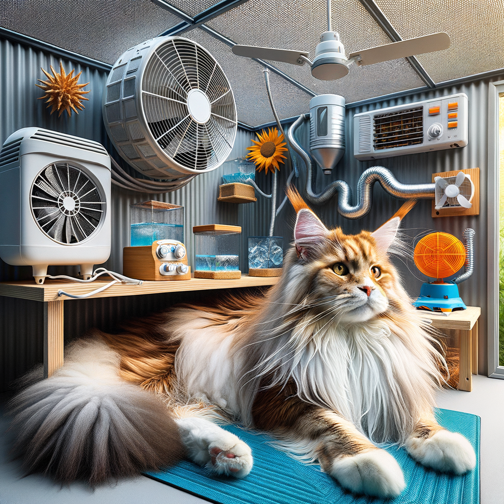 Maine Coon cat enjoying summer care with cooling techniques for heat protection, demonstrating how to keep Maine Coon cats cool in hot weather.