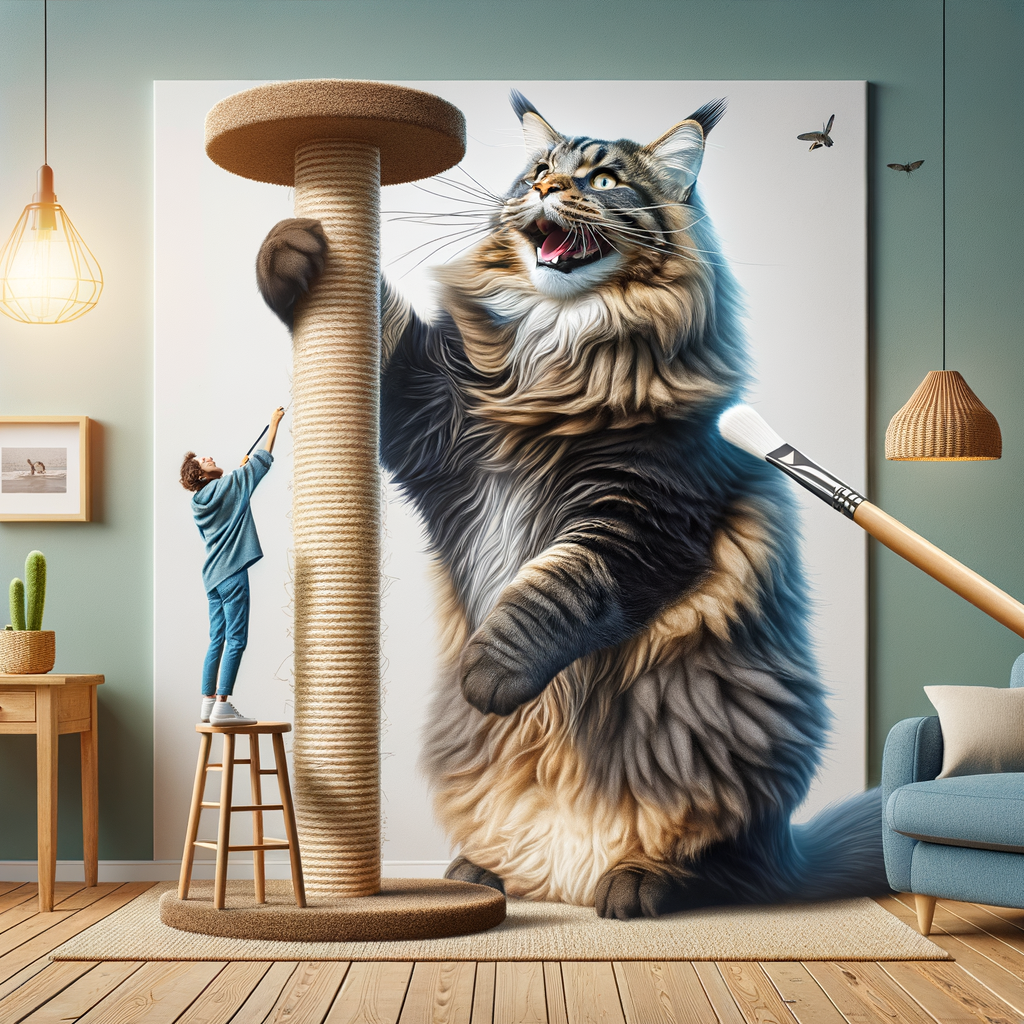 Large Maine Coon cat joyfully using the best scratching post, a perfect accessory for Maine Coon cat care and part of a range of cat furniture designed for Maine Coons.