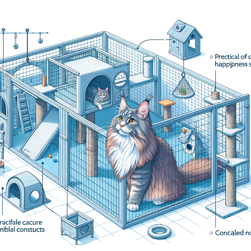 Maine Coon cat enjoying a safe outdoor space with cat-friendly structures, highlighting outdoor cat enclosures for Maine Coon cat care and safety.