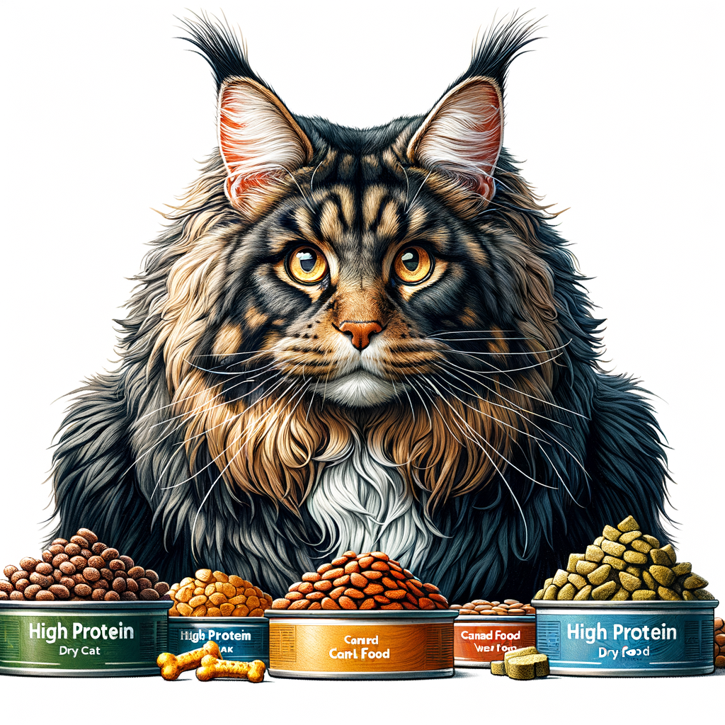 Maine Coon cat evaluating various healthy food options, highlighting the importance of understanding Maine Coon Cats diet, dietary needs, and food preferences for optimal nutrition.