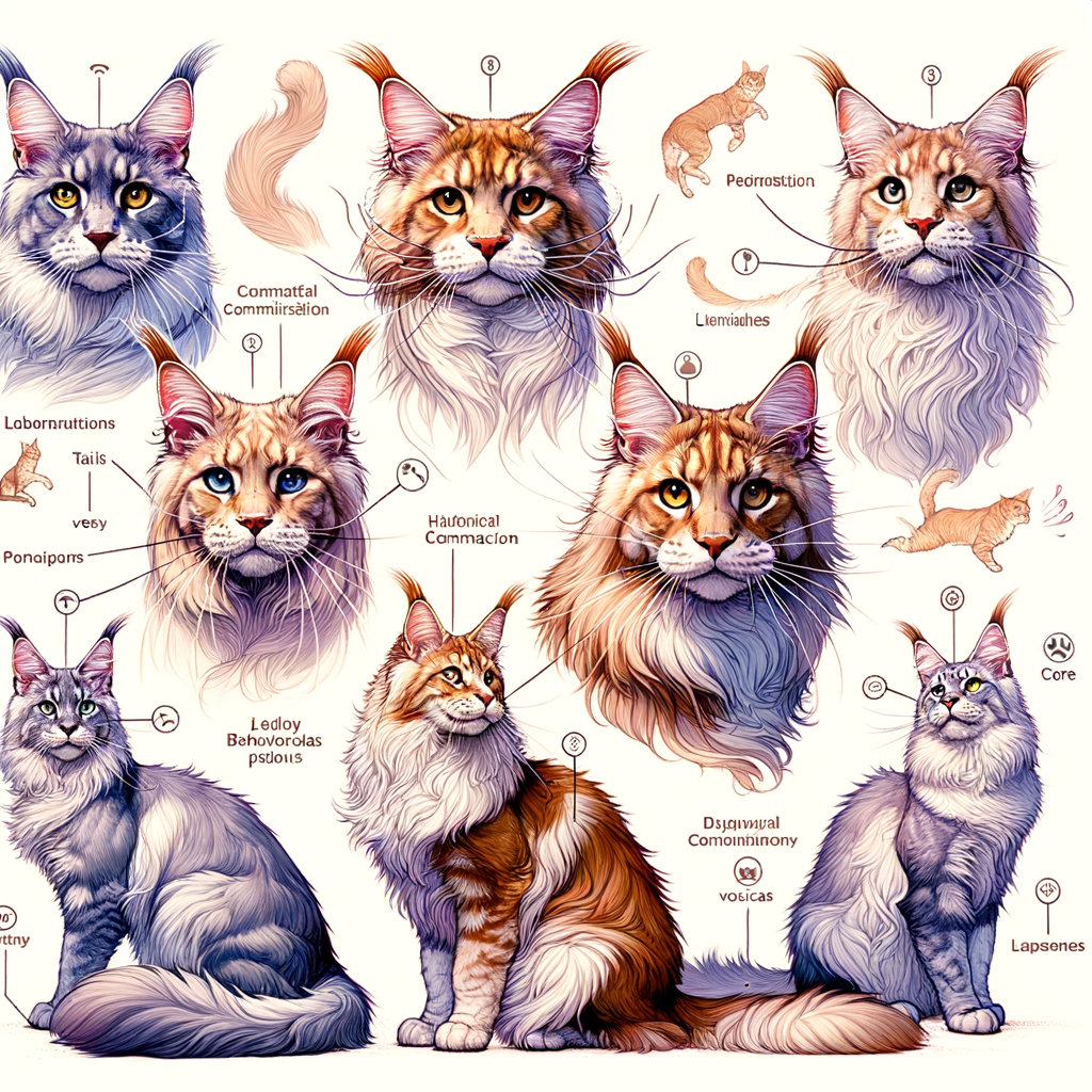 Professional illustration of Maine Coon Cats demonstrating behavior signals, body language, and vocalization for better understanding and interpreting their communication and language.