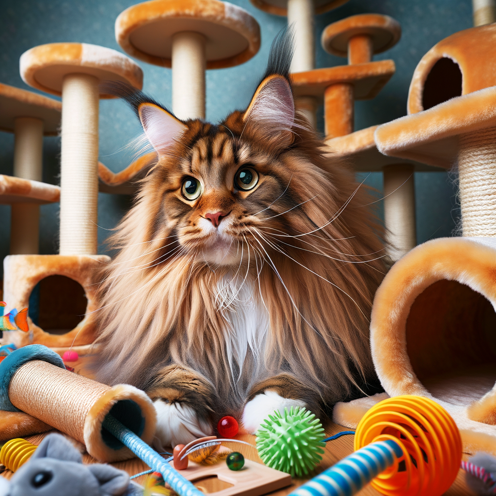 Maine Coon cat enjoying enrichment activities for fostering independence and proper Maine Coon care.