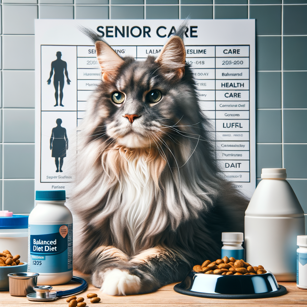 Elderly Maine Coon cat in senior care setting with diet food and health care products, symbolizing Maine Coon Cats aging process, health issues, and lifespan for article on Navigating Their Senior Years