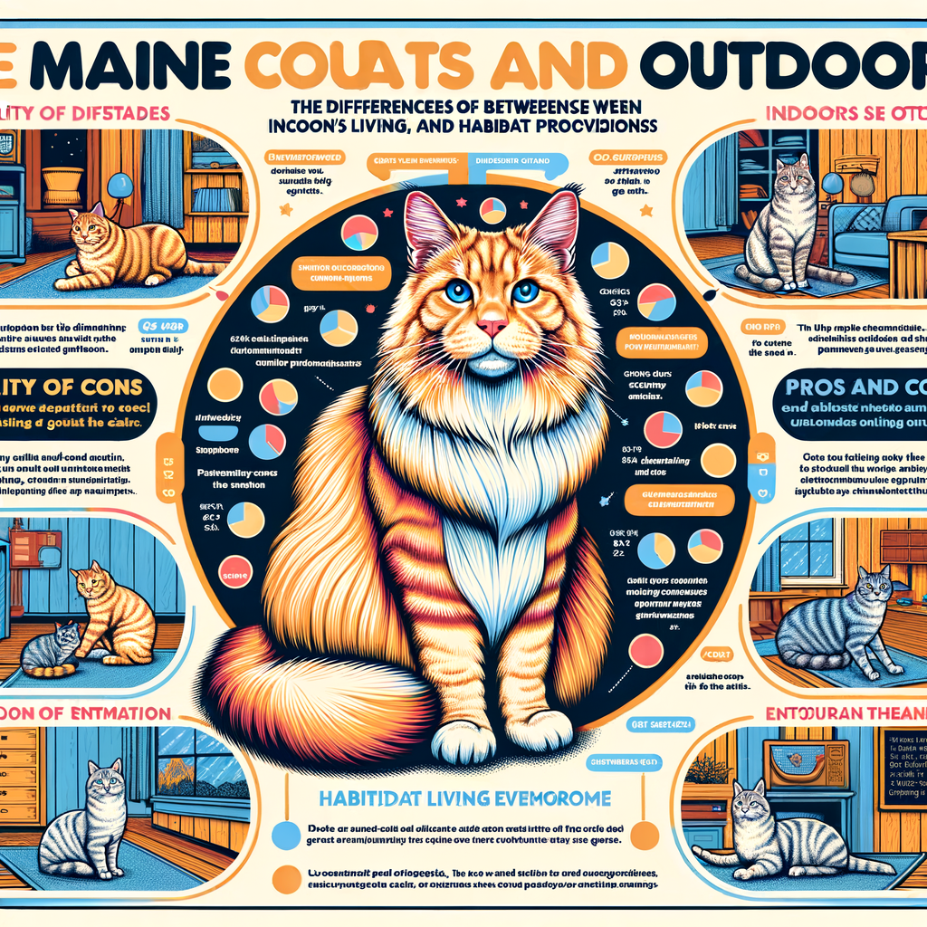 Infographic illustrating Maine Coon Cats lifestyle, comparing indoor vs outdoor living, highlighting Maine Coon indoor care, outdoor care, and habitat differences for their health and wellbeing.