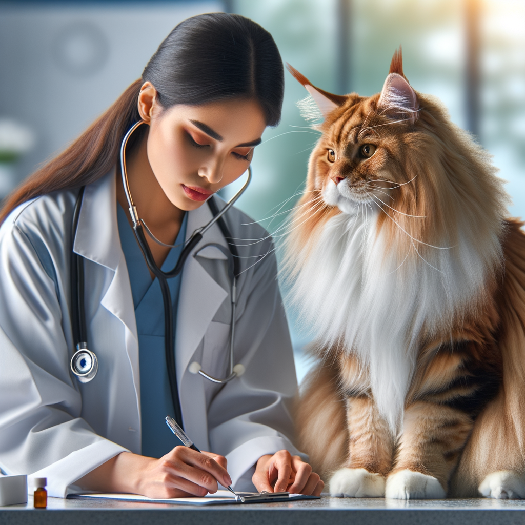 Veterinarian diagnosing stress and anxiety in Maine Coon cat, emphasizing the importance of professional Maine Coon cats stress management and anxiety treatment.