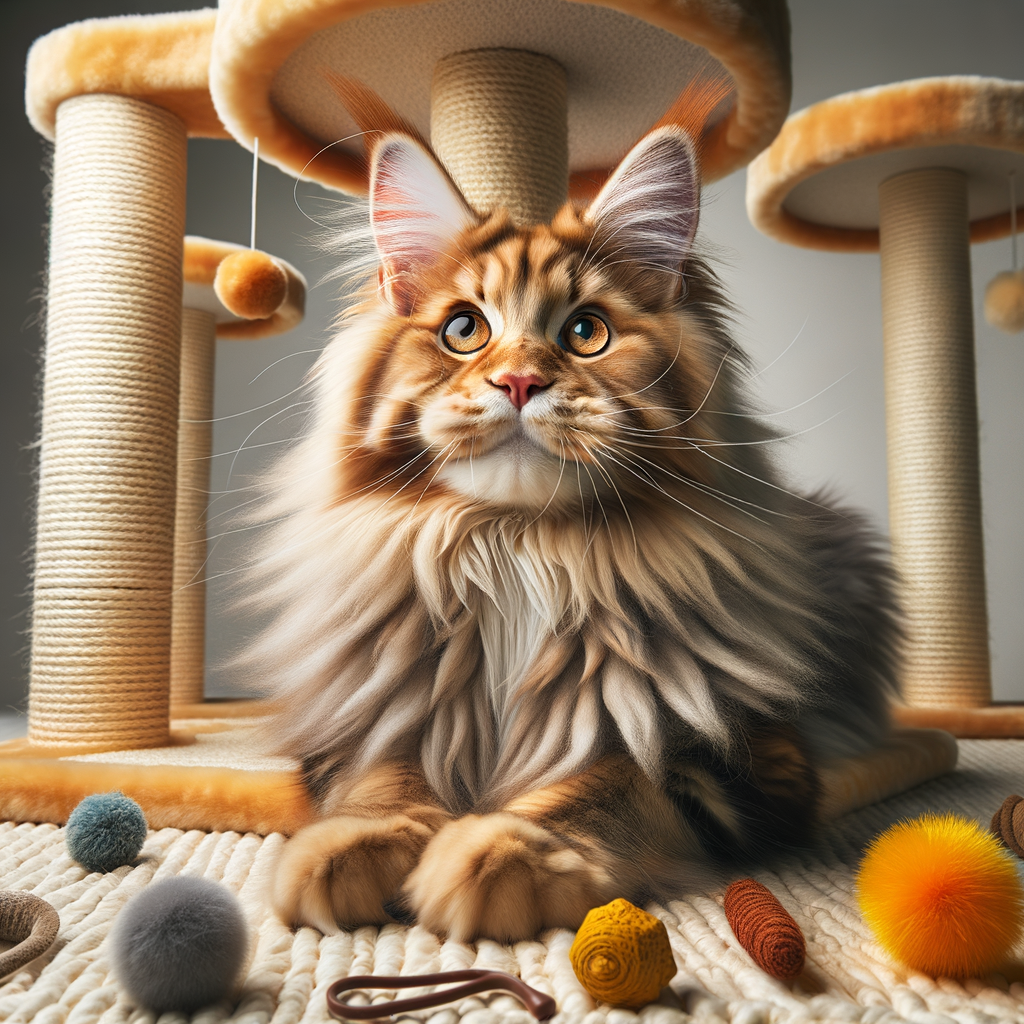 Maine Coon cat demonstrating benefits of scratching posts for cat claw health and Maine Coon cat care, with various Maine Coon cat toys emphasizing healthy behavior and scratching post benefits.