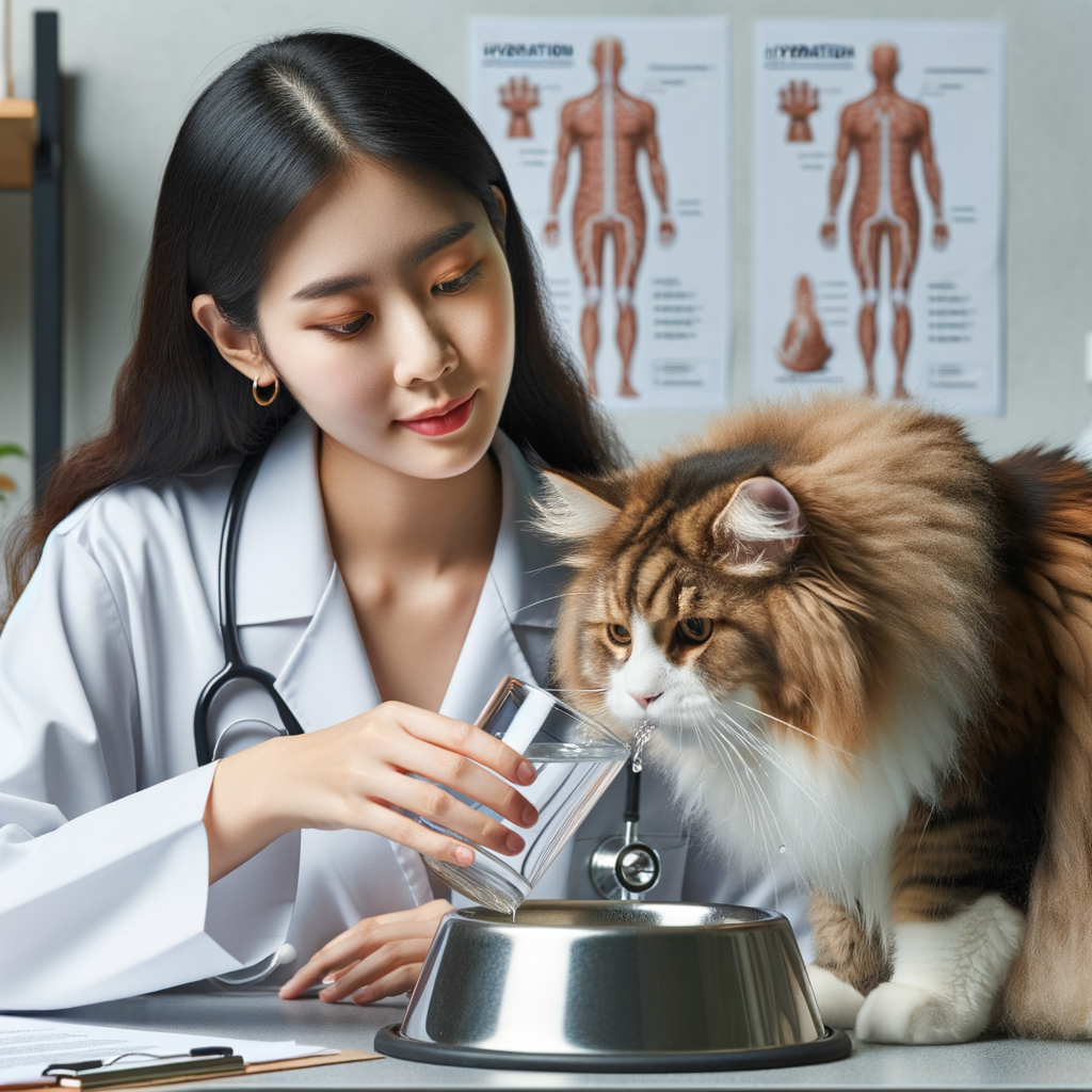 Veterinarian monitoring water intake of a Maine Coon cat, highlighting the importance of proper hydration for cat health and Maine Coon hydration needs.
