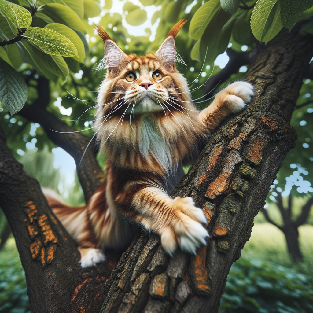 Maine Coon cat demonstrating its love of climbing and active behavior, showcasing Maine Coon climbing habits, characteristics, and hobbies.