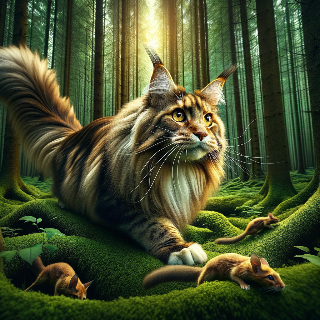 Maine Coon cat demonstrating natural prey drive and hunting skills in a forest, a perfect example of Maine Coon behavior and characteristics.