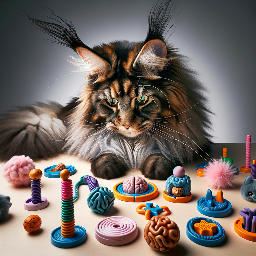 Maine Coon cat engaging in mental stimulation with interactive cat toys for brain games, showcasing healthy Maine Coon cat behavior and enrichment for cat care.